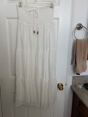 White Smocked Waist Tiered Maxi Skirt with Drawstring